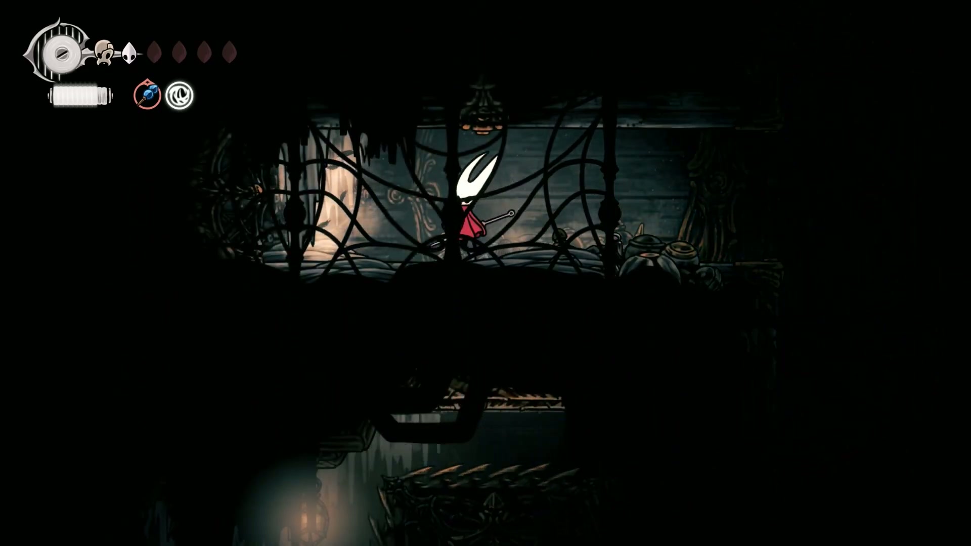 Hornet navigating a difficult platforming section in the Underworks
